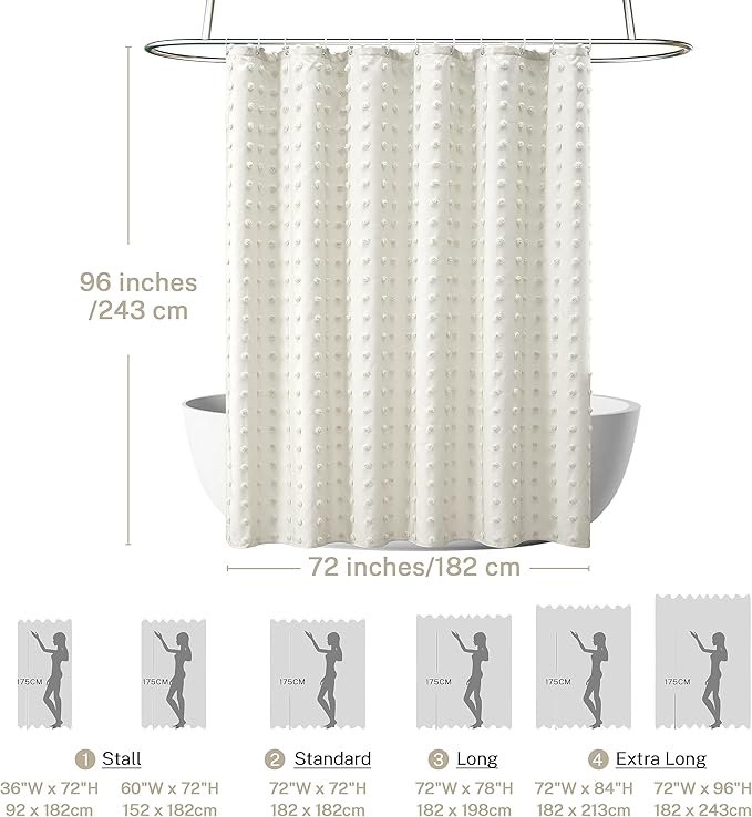 Extra Long Boho Cream Shower Curtain Woven Fabric Ivory Shower Curtain, 72 x 96 Tufted Pleat Floral Puffs Textured Modern Farmhouse Minimalist Ivory Shower Curtain Set with Hooks for Bathroom
