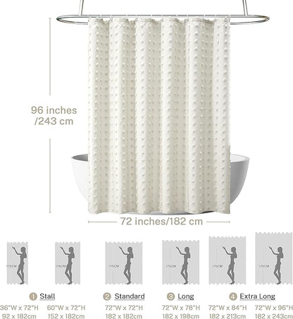 Extra Long Boho Cream Shower Curtain Woven Fabric Ivory Shower Curtain, 72 x 96 Tufted Pleat Floral Puffs Textured Modern Farmhouse Minimalist Ivory Shower Curtain Set with Hooks for Bathroom