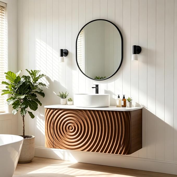 30" Floating Bathroom Vanity with Sink, Mid-Century Wall Mounted Bathroom Vanity Cabinet with Waved Decor, Ceramic Vessel Basin, Sintered Stone Top, Soft Close Storage Drawer, Walnut