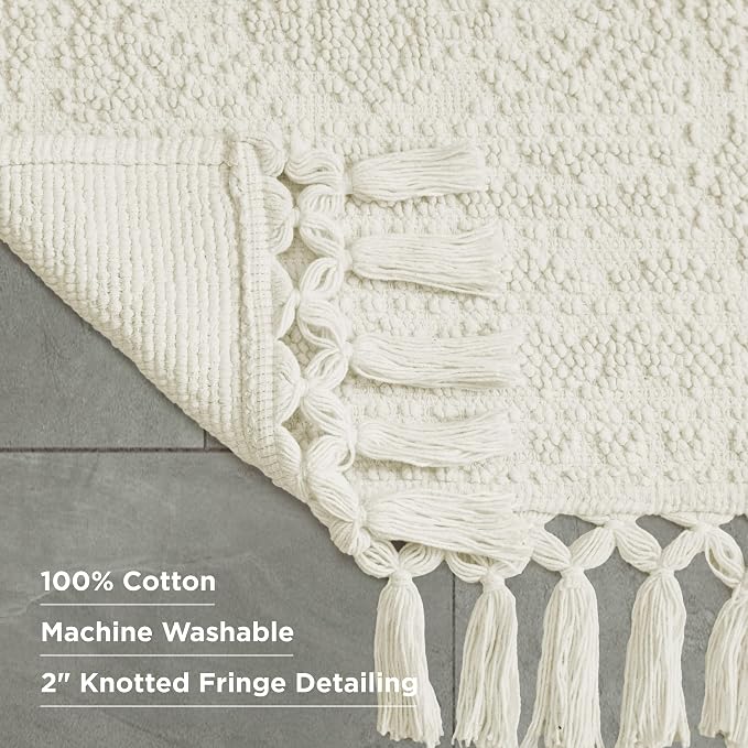 French Connection Nellore Bathroom Rugs, Woven and Beaded Bathroom Mats, Durable Bath Rugs, Thick Bath Mats for Bathroom and Shower Rugs, 24" x 64", Ivory