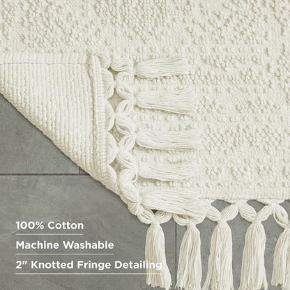 French Connection Nellore Bathroom Rugs, Woven and Beaded Bathroom Mats, Durable Bath Rugs, Thick Bath Mats for Bathroom and Shower Rugs, 24" x 64", Ivory