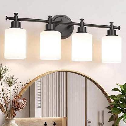 4 Light Bathroom Vanity Light Fixture Over Mirror, Black, 23'' | Vanity Lights for Bathroom, Bedroom, Living Room, White Frosted Glass Shades, Modern, E26(Bulbs Not Included)