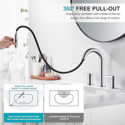 KENES Chrome Pull Down Bathroom Faucet, 8 Inch 2 Handle Widespread Bathroom Faucet 3 Hole with Pull Out Sprayer, Bathroom Sink Faucet with Pop Up Drain & Supply Lines LJ-9068-5