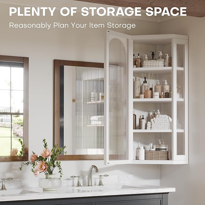 Bathroom Corner Wall Cabinet, Metal Medicine Cabinet with Glass Doors and Shelves, Hanging Corner Storage Cabinet for Bathroom, Kitchen, Laundry Room (White)
