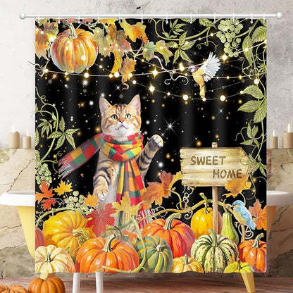 Shower Curtain Fall, Thanksgiving Shower Curtain for Bathroom 72x72 | Harvest Grape Pumpkin Shower Curtains Scarf Cat Autumn Maple Leaves Waterproof Washable Home Farmhouse Decor Bath Curtains