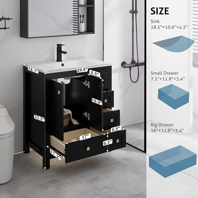 LUCKWIND 30" Bathroom Vanity and Sink Combos, Modern Bathroom Storage Painted Cabinet with Undercounter Resin Single Sink Top, Matte Black Faucet and 5 Drawers, Mirror Not Included, Black