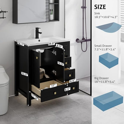 LUCKWIND 30" Bathroom Vanity and Sink Combos, Modern Bathroom Storage Painted Cabinet with Undercounter Resin Single Sink Top, Matte Black Faucet and 5 Drawers, Mirror Not Included, Black