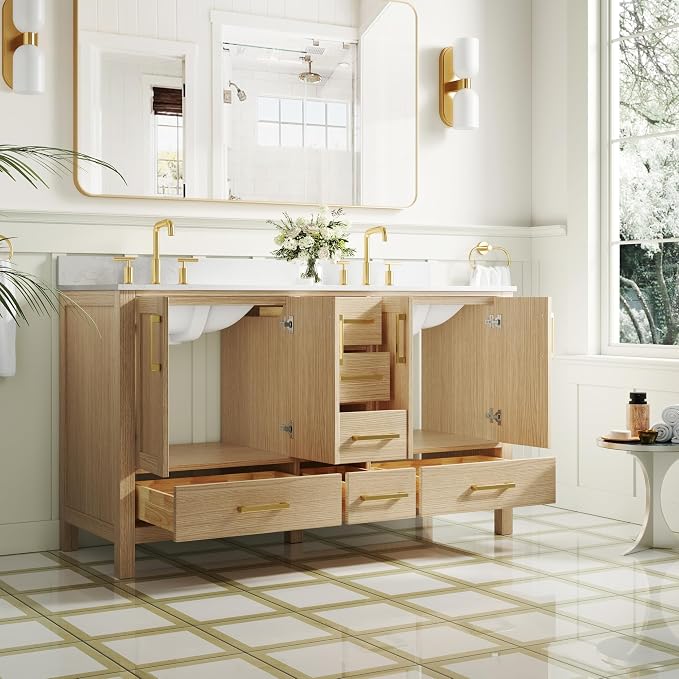 60-Inch Bathroom Vanity with Sink, Bathroom Freestanding Vanity W/ 4 Doors and 6 Drawers, Solid Wood Cabinet Vanity with Cultured Marble Countertop, Oak Vanity & Brushed Gold Handles