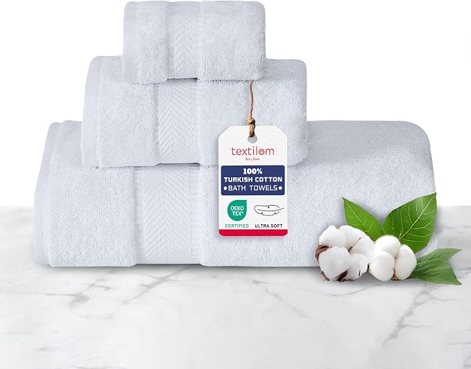 100% Turkish Cotton 3 Pcs Bath Towel Set, Luxury Bath Towels for Bathroom, Soft & Absorbent Bathroom Towels Set (1 Bathtowel, 1 Hand Towel, 1 Washcloth)- White