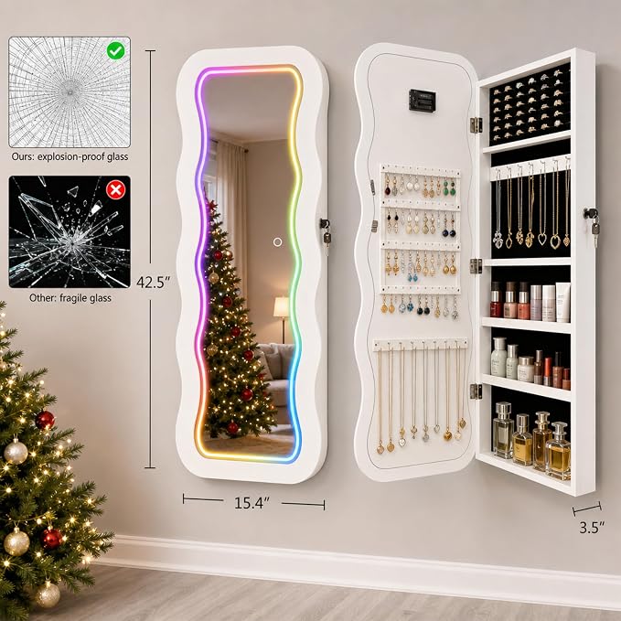 Fiqevs RGB Mirror Jewelry Cabinet, Remote Control LED Wavy Wall Door Mirror | Hanging Mirror with Storage, Full-Length, Lockable, Jewelry Organizer with Lighted Mirror, White Jewelry Armoire