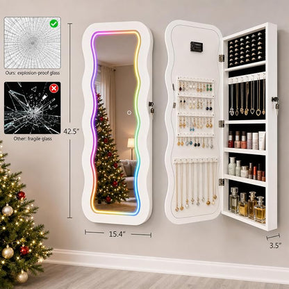Fiqevs RGB Mirror Jewelry Cabinet, Remote Control LED Wavy Wall Door Mirror | Hanging Mirror with Storage, Full-Length, Lockable, Jewelry Organizer with Lighted Mirror, White Jewelry Armoire