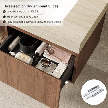 Ambrovina 30" Floating Bathroom Vanity with Sink, Modern Wall Mounted Storage Vanities with Drawer and Door, Roma Travertine Countertop and Ceramic Basin, Pre-Assembled Cabinet, Light Brown