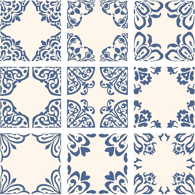 36Pcs 9 Styles Blue and White Tile Stickers 4 x 4 Inch Ceramic Tile Decals Square Flower Pattern Waterproof PVC Peel and Stick Decals for Kitchen Bathroom Backsplash Furniture DIY Decor