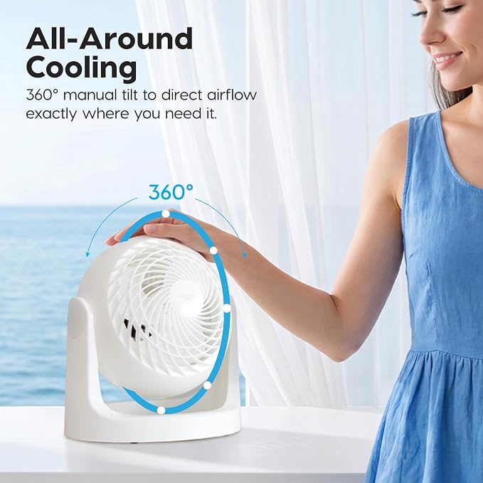 IRIS USA WOOZOO Small Desk Fan, 360° Vertical Tilt, Quiet Table Fan, White | 52ft Max Air Distance, 30 db, Table Top Fan for Bedroom, Office, Dorm, Kitchen, Air Circulator