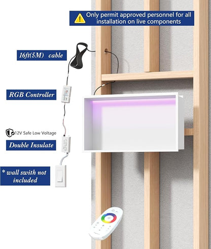 White Stainless Steel Shower Niche 24x12Inch, Dimmable RGB Led Light Wall Niche, No Tile Needed Recessed Niches for Bathroom Storage Built-in Installation