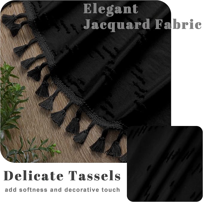 Extra Long Black Boho Shower Curtain, Chic Tufted Chevron Striped Textured Fabric Cloth Shower Curtains with Tassel for Bathroom, Soft Hotel Style Farmhouse, Machine Washable, 72x84