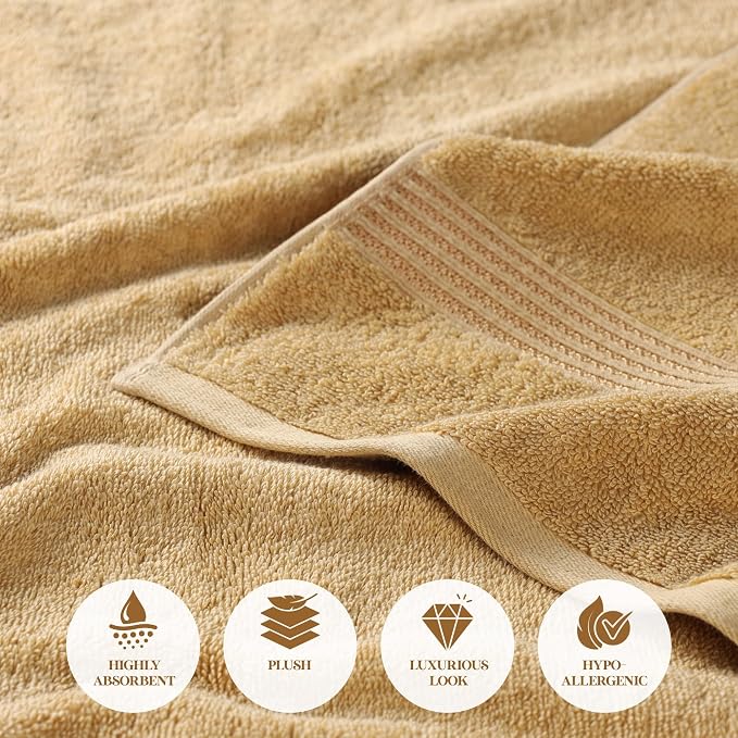 Superior Egyptian Cotton Bath Towel Set, Home Bathroom Towels, Master, Guest Bath, Decor Essentials, Quick Dry, Absorbent, Large Body Towels, Spa, Hotel, Resort, Adult, Kids, Set of 2, Gold
