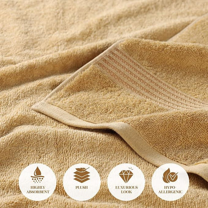 Superior Egyptian Cotton Bath Towel Set, Home Bathroom Towels, Master, Guest Bath, Decor Essentials, Quick Dry, Absorbent, Large Body Towels, Spa, Hotel, Resort, Adult, Kids, Set of 2, Gold