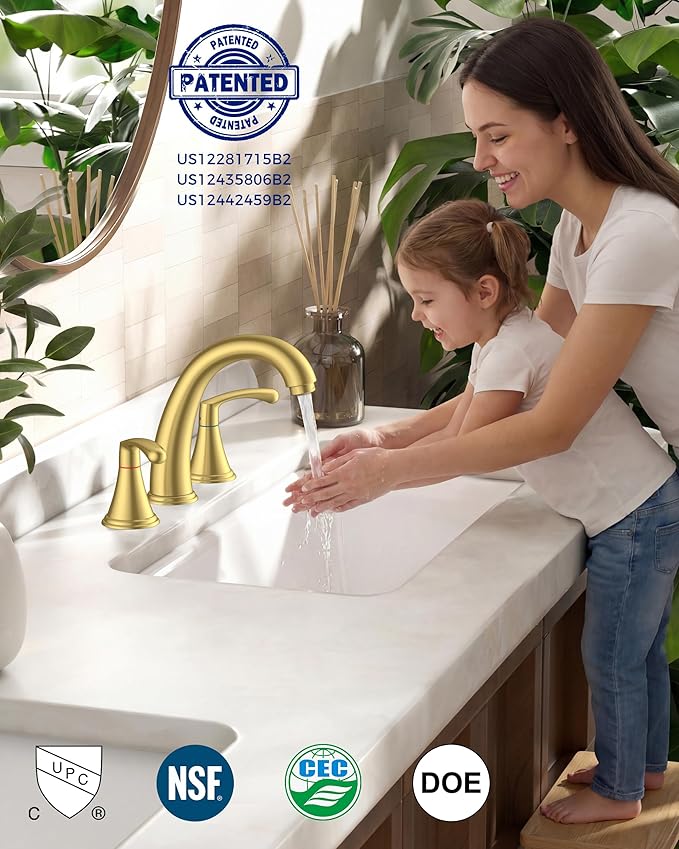 FORIOUS Gold Bathroom Faucet 3 Hole, Widespread Bathroom Sink Faucet 8 Inch with Pop Up Drain and CUPC Supply Hose, 2 Handle for Vanity Rv Commercial Lavatory Restroom