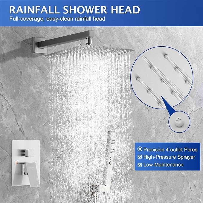 Rain Shower System, 12''Rain Head,2-Spray Handheld,Brushed Nickel | 2 Spray Functions,Anti-Tangle Explosion-proof PVD Hose,Balance Temp Valve,Rust-proof & Scratch-resistant
