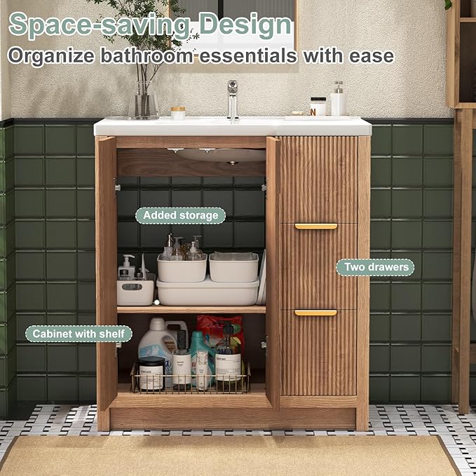 32 Inch Bathroom Vanity with Sink, Bathroom Vanity Cabinet with Single Sink, Bath Vanities with 2 Doors and 2 Drawers, Light Oak (19" D x 32" W x 36" H)
