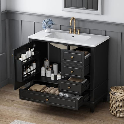 Bathroom Vanity with Ceramic Sink 36 Inch, Cabinet with One Door and Three Drawers, Soft-Closing Door, Solid Wood Legs, Black