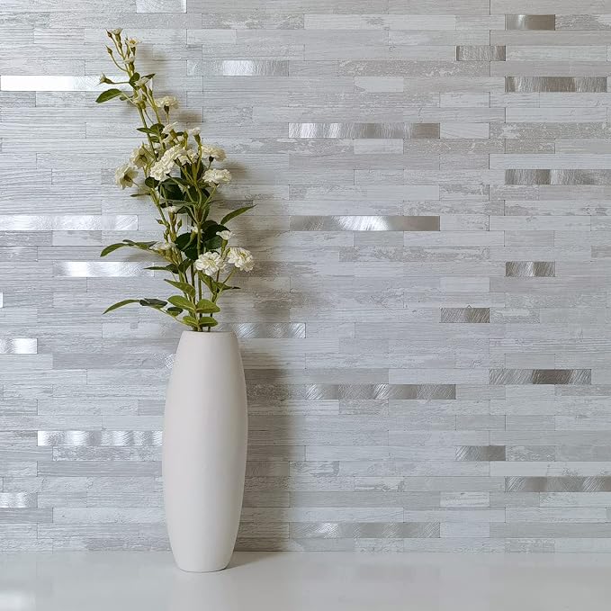 DICOFUN 10-Sheet Peel and Stick Backsplash Tile, White Birch PVC Mixed Metal Stick on Backsplash Tiles for Kitchen, 9.4 sq.ft