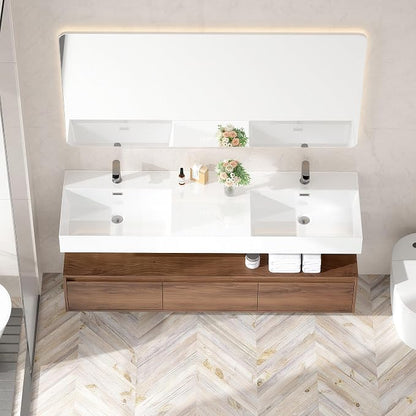 60 Inch Floating Bathroom Vanity with Double Sink, Modern Wall-Mounted Bathroom Cabinet with Resin Sink & Soft Close Drawers, Split-Level Layout (Walnut, 60" Double Sink)