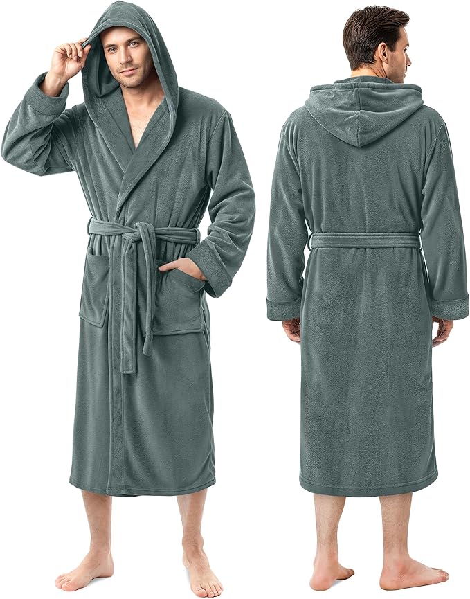 NY Threads Mens Robe with Hood, Luxury Plush Fleece Hooded Mens Bathrobe, Spa Bath Robe for Men