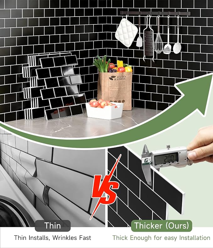 Peel and Stick Backsplash for Kitchen: Self Adhesive Wall Tiles for Bathroom - Vinyl Thick Back Splash Tile (10, Black)