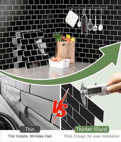 Peel and Stick Backsplash for Kitchen: Self Adhesive Wall Tiles for Bathroom - Vinyl Thick Back Splash Tile (10, Black)