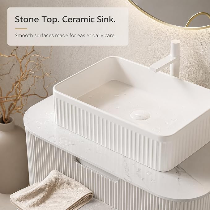 30 Inch Bathroom Vanity with Sink, Floating Wall Mounted Single Sink Vanity, White Curved Fluted Front, Stone Top, White Textured Rectangular Vessel Basin, Pre-Assembled