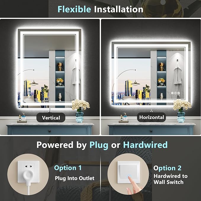 44x36 LED Bathroom Mirror with Lights, Backlit and Front Lit Anti-Fog Lighted Vanity Mirrors for Bathroom Wall, Dimmable, 3-Color Light, Memory, Shatter-Proof, HD Tempered Glass, CRI＞90
