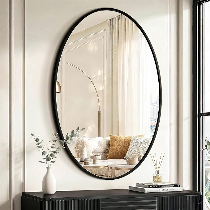 Black Oval Bathroom Mirror for Wall, 26"x38" Bathroom Vanity Mirror | HD Shatterproof Glass, Metal Framed, Oval Vanity Mirrors for Bathroom, Bedroom, Living Room, Entryway, Horizontal or Vertical