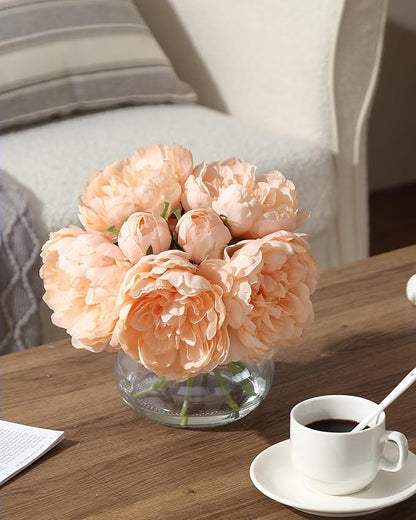 Artificial Peonies Flowers with Vase, Mixed Champagne Silk Peony Bouquet with Faux Water in Glass Vase, Lifelike Fake Peonies Floral Arrangement for Table Centerpiece, Wedding, Party, Home Decor