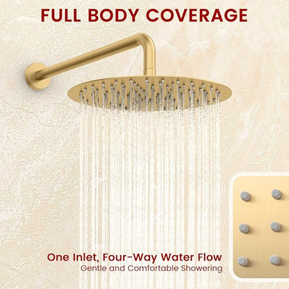 Round Shower Faucet Set with Hydro Power Temperature Display, Shower System Bathroom 12 Inch Shower Head with Handheld Spray, Wall Mounted Shower Fixtures with Shower Valve and Trim Kit, Brushed Gold