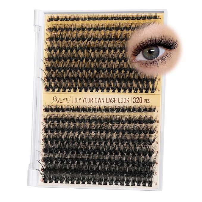 QUEWEL Lash Clusters 320Pcs 35D+45D D Curl Lash Cluster Eyelash Extensions | Cluster Lashes Mix9-16mm Individual Eyelashes Clusters Wispy Lash Clusters Thin Band Soft to Use at Home(35D+45D D Mix9-16)