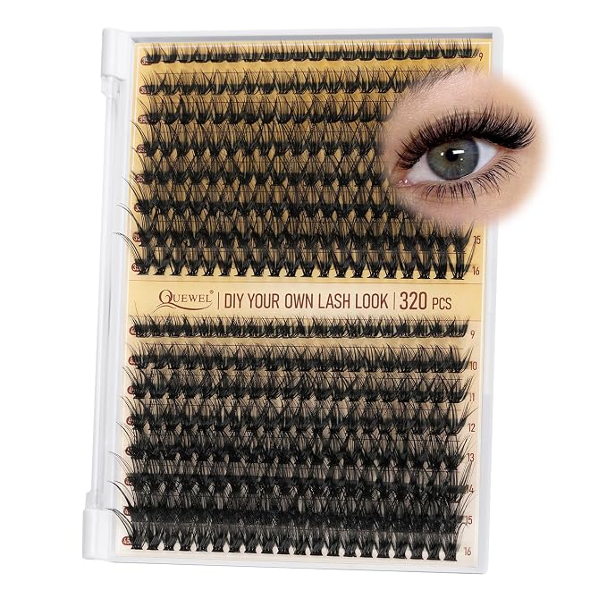 QUEWEL Lash Clusters 320Pcs 35D+45D C Curl Lash Cluster Eyelash Extensions | Cluster Lashes Mix9-16mm Individual Eyelashes Clusters Wispy Lash Clusters Thin Band Soft to Use at Home(35D+45D C Mix9-16)