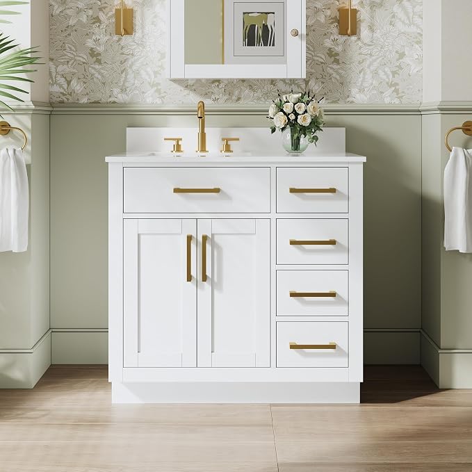 36-Inch Bathroom Vanity with Sink W/ 2 Doors & 4 Drawers & 1 Flip Drawer, White Vanity W/Brushed Gold Handles