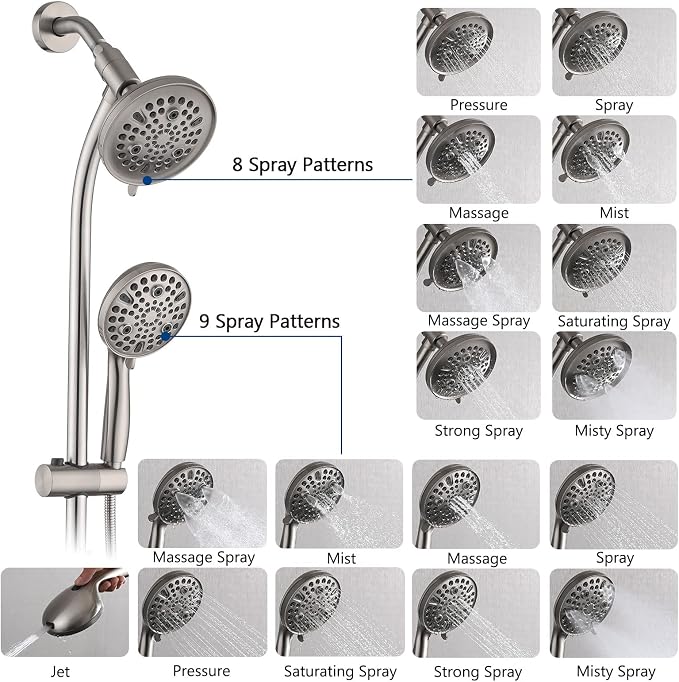 Rainfall Shower Head with Handheld Shower Spray, with 26" Drill Free Adjustable Height Slider Bar, High Pressure Dual Shower Head Combo, 3-Way Diverter for Easy Reach, 5Ft Hose-Brushed Nickel