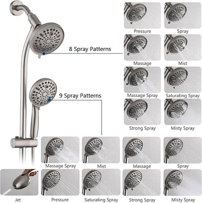 Rainfall Shower Head with Handheld Shower Spray, with 26" Drill Free Adjustable Height Slider Bar, High Pressure Dual Shower Head Combo, 3-Way Diverter for Easy Reach, 5Ft Hose-Brushed Nickel