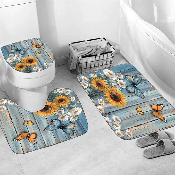 AZHM Rustic Flower Shower Curtain Set Sunflower and Daisy Floral Bathroom Set with Butterfly Accents with Shower Curtain and Bath Mat and 12 Hooks