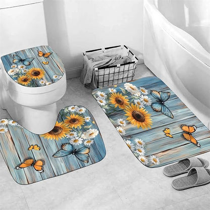 AZHM Rustic Flower Shower Curtain Set Sunflower and Daisy Floral Bathroom Set with Butterfly Accents with Shower Curtain and Bath Mat and 12 Hooks