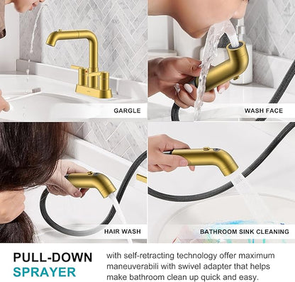 KENES Pull Down Bathroom Faucet with Sprayer, Brushed Gold 4 Inch 2 Handle Centerset Bathroom Faucet 3 Hole with Pull Out Sprayer, Vanity Faucet with Pop Up Drain & Supply Lines LJ-9059A-4