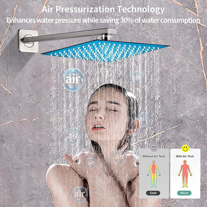 Brushed Nickel Rainfall Shower Head, Wall Mounted 12 Inch Shower Heads with Handheld Spray Combo, Luxury Bathroom Square Rain Shower System, Solid Brass Pressure Balancd Shower Faucet Valve