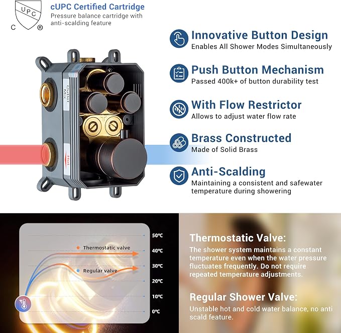 Thermostatic Dual Shower System, Oil Rubbed Bronze Shower Faucet | 12 Inch Ceiling Rainfall Shower, 6 Inch Wall Mount Head, High Pressure Handheld Sprayer, Push Button Valve