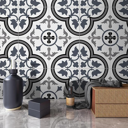 The Tiles Plaza Encaustic Peel and Stick Backsplash, Blue and White Patterned Vintage Stick on Tile, Stone Composite Self-Adhesive Wall Tile Sticker for Kitchen Bathroom Fireplace Stairs, 10 Sheets