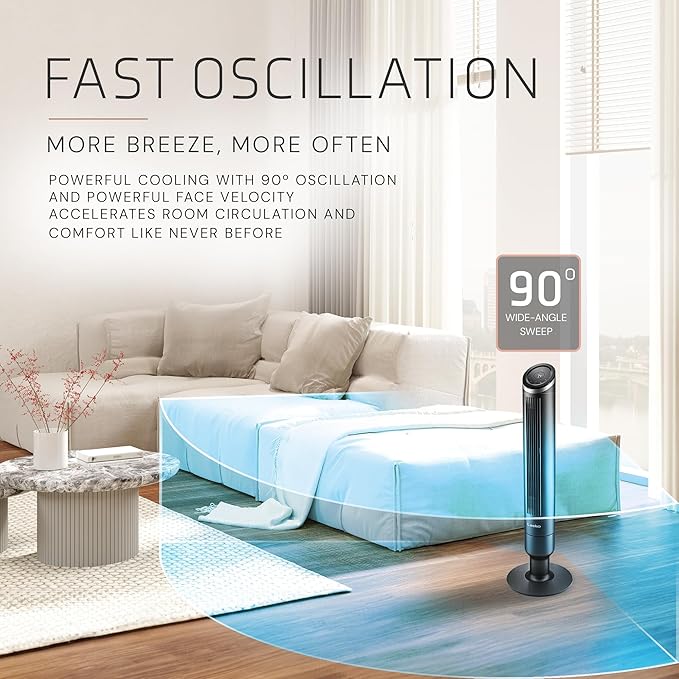 Lasko Apex Tower Fans Oscillating Quiet 42" - 29 ft/s Airflow, 28 dB, 90° Oscillation, 12H Timer, Air Filter for Hair & Dust, Remote, Black, Floor Fans for Home Bedroom, RST200
