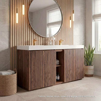 60" Double Bathroom Vanity with Sink Combo, Mid Century Modern Bathroom Cabinet with Doors & Shelves, Glossy White Integrated Sink with Overflow, Walnut