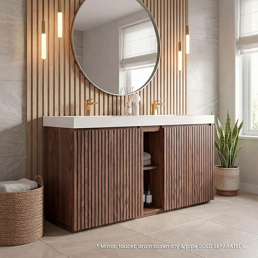 60" Double Bathroom Vanity with Sink Combo, Mid Century Modern Bathroom Cabinet with Doors & Shelves, Glossy White Integrated Sink with Overflow, Walnut